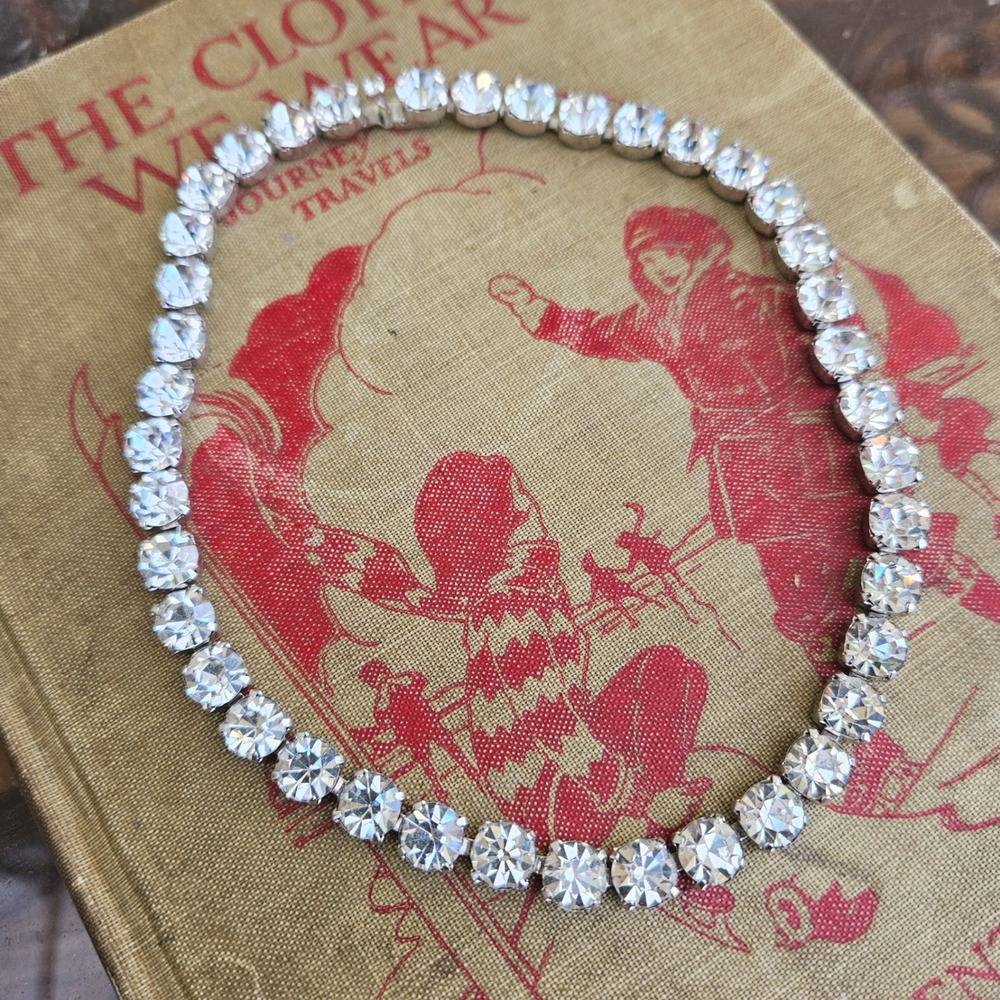 Vintage Clear Crystal Rhinestone Prong Set Tennis Necklace Silver Tone Chunky